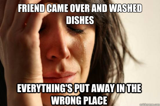 Friend came over and washed dishes Everything's put away in the wrong place  First World Problems