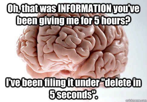 Oh, that was INFORMATION you've been giving me for 5 hours? I've been filing it under 