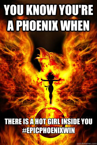 You know you're a phoenix when There is a hot girl inside you
#epicphoenixwin

 - You know you're a phoenix when There is a hot girl inside you
#epicphoenixwin

  Dark phoenix