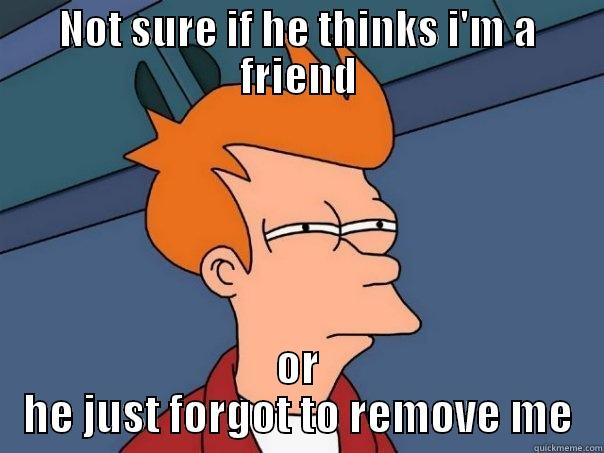 NOT SURE IF HE THINKS I'M A FRIEND OR HE JUST FORGOT TO REMOVE ME Futurama Fry