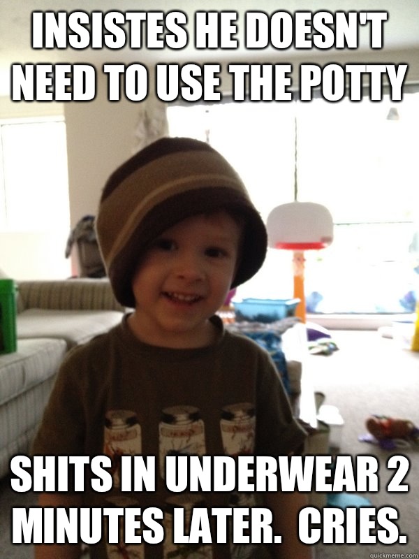 Insistes he doesn't need to use the potty shits in underwear 2 minutes later.  Cries.   Scumbag Toddler
