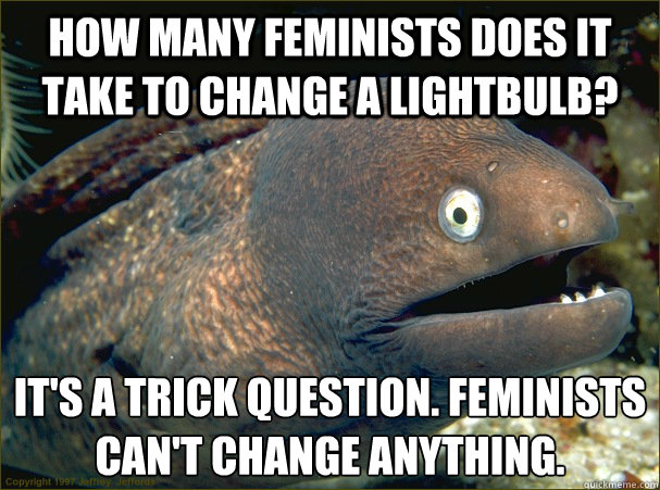 How many feminists does it take to change a lightbulb? It's a trick question. Feminists can't change anything.  Bad Joke Eel