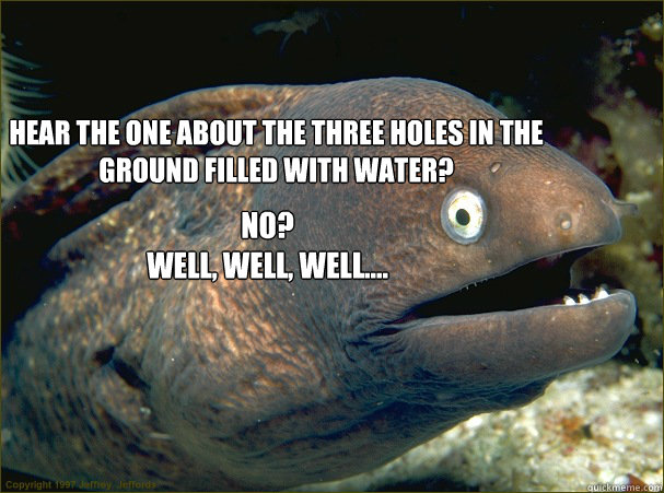 


hear the one about the three holes in the ground filled with water?
 No?
Well, well, well....  Bad Joke Eel