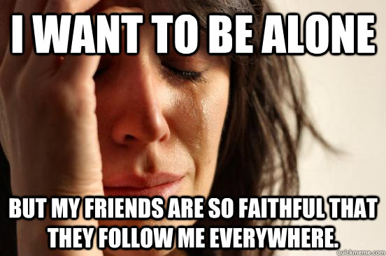 I want to be alone But my friends are so faithful that they follow me everywhere.  First World Problems