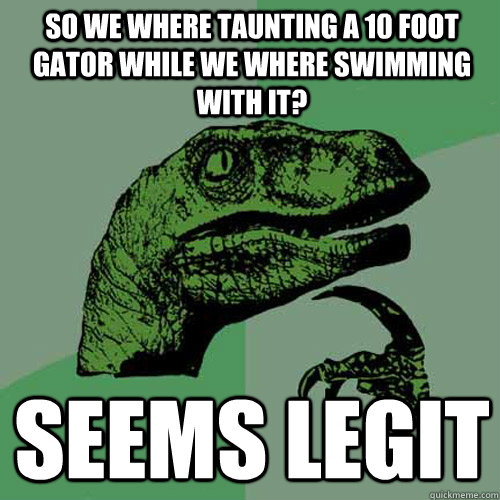 So We where taunting a 10 foot gator while we where swimming with it? Seems Legit  Philosoraptor