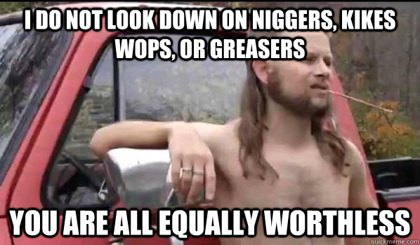 I do not look down on niggers, kikes wops, or greasers You are all equally worthless  Almost Politically Correct Redneck