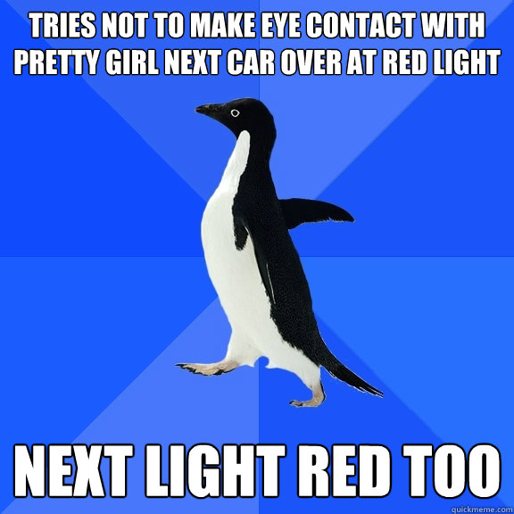 tries not to make eye contact with pretty girl next car over at red light next light red too  Socially Awkward Penguin