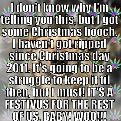 I DON'T KNOW WHY I'M TELLING YOU THIS, BUT I GOT SOME CHRISTMAS HOOCH. I HAVEN'T GOT RIPPED SINCE CHRISTMAS DAY 2011. IT'S GOING TO BE A STRUGGLE TO KEEP IT TIL THEN, BUT I MUST! IT'S A FESTIVUS FOR THE REST OF US, BABY! WOO!!!  Stoner Dog