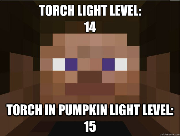 torch light level:
14 torch in pumpkin light level: 15  