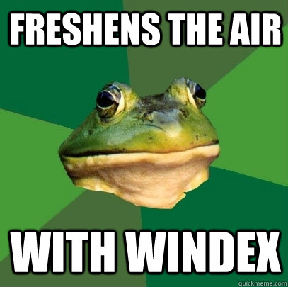 Freshens the air with windex  Foul Bachelor Frog