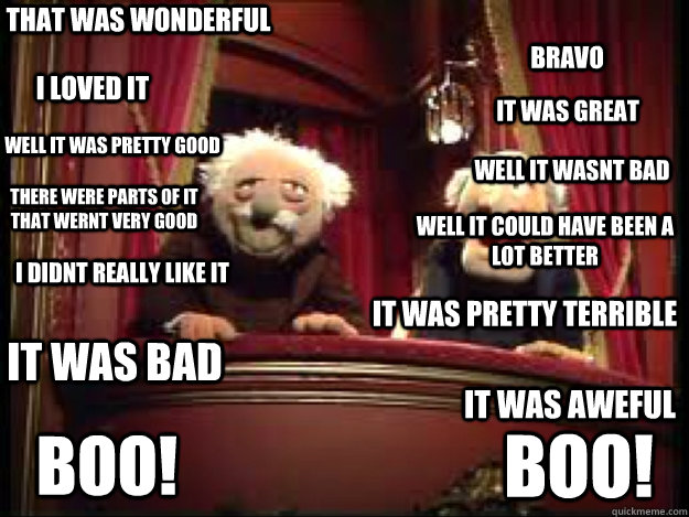 That was wonderful bravo i loved it it was great well it was pretty good well it wasnt bad there were parts of it that wernt very good well it could have been a lot better i didnt really like it it was pretty terrible it was bad it was aweful Boo! Boo! - That was wonderful bravo i loved it it was great well it was pretty good well it wasnt bad there were parts of it that wernt very good well it could have been a lot better i didnt really like it it was pretty terrible it was bad it was aweful Boo! Boo!  Misc