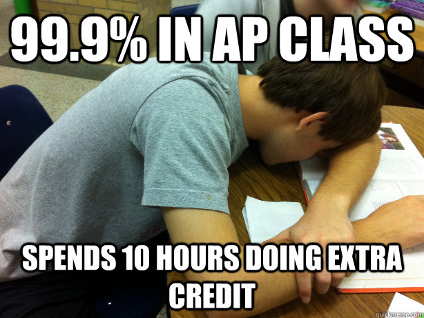 99.9% in AP class Spends 10 hours doing extra credit - 99.9% in AP class Spends 10 hours doing extra credit  Self-pity Justin