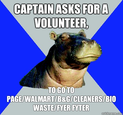 Captain asks for a volunteer, To go to page/walmart/B&G/cleaners/bio waste/fyer fyter - Captain asks for a volunteer, To go to page/walmart/B&G/cleaners/bio waste/fyer fyter  Skeptical Hippo