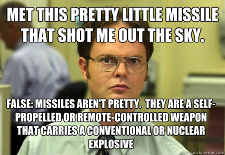 Met this pretty little missile that shot me out the sky.
 False: Missiles aren't pretty.  They are a self-propelled or remote-controlled weapon that carries a conventional or nuclear explosive  Dwight