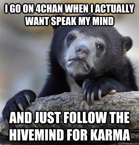 I go on 4chan when i actually want speak my mind and just follow the hivemind for karma  Confession Bear