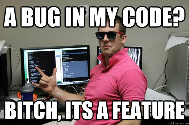 A bug in my code? Bitch, its a feature - A bug in my code? Bitch, its a feature  Brogrammer Purcell