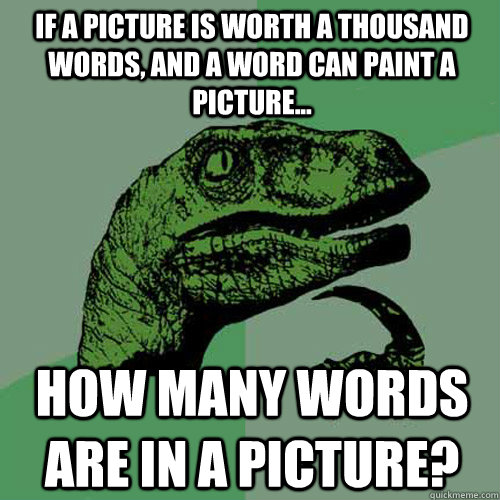 If a picture is worth a thousand words, and a word can paint a picture... How many words are in a picture? - If a picture is worth a thousand words, and a word can paint a picture... How many words are in a picture?  Philosoraptor