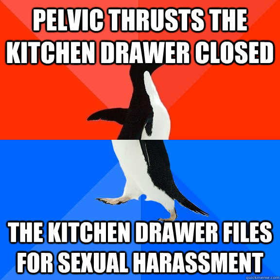 Pelvic thrusts the kitchen drawer closed The kitchen drawer files for sexual harassment  Socially Awesome Awkward Penguin