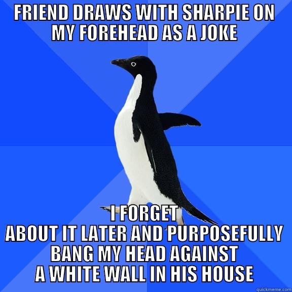 FRIEND DRAWS WITH SHARPIE ON MY FOREHEAD AS A JOKE I FORGET ABOUT IT LATER AND PURPOSEFULLY BANG MY HEAD AGAINST A WHITE WALL IN HIS HOUSE Socially Awkward Penguin
