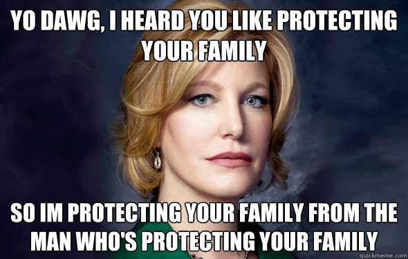 YO DAWG, I HEARD YOU LIKE PROTECTING YOUR FAMILY SO IM PROTECTING YOUR FAMILY FROM THE MAN WHO'S PROTECTING YOUR FAMILY  