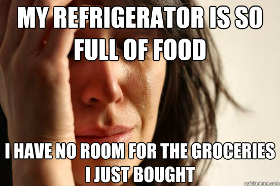 MY REFRIGERATOR IS SO FULL OF FOOD i HAVE NO ROOM FOR THE GROCERIES I JUST BOUGHT  First World Problems