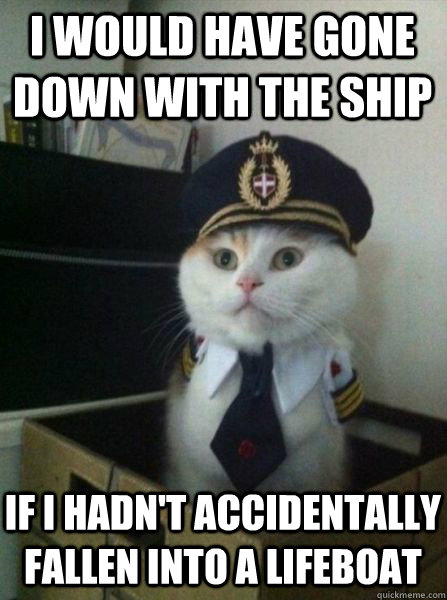 I would have gone down with the ship if I hadn't accidentally fallen into a lifeboat  Captain kitteh