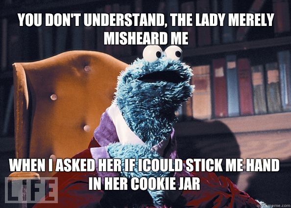 You don't understand, The lady merely misheard me When i asked her if iCould stick me hand in her cookie jar  Cookieman
