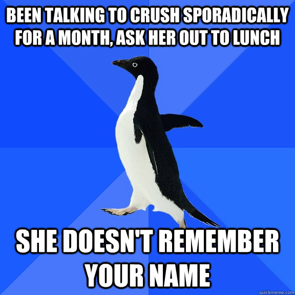 Been talking to crush sporadically for a month, ask her out to lunch she doesn't remember your name  Socially Awkward Penguin