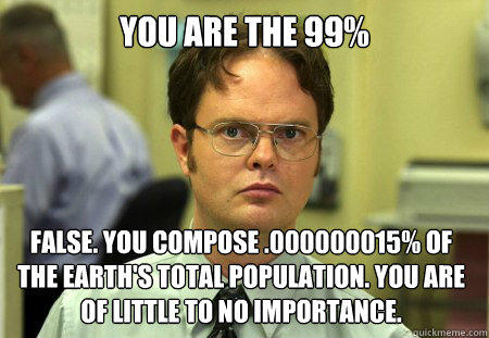 You are the 99% False. You compose .000000015% of the Earth's total population. You are of little to no importance. - You are the 99% False. You compose .000000015% of the Earth's total population. You are of little to no importance.  Dwight