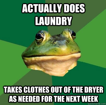 Actually does laundry Takes clothes out of the dryer as needed for the next week  Foul Bachelor Frog