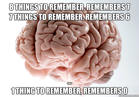 8 things to remember, remembers 7
7 things to remember, remembers 6 ...
1 thing to remember, remembers 0  Scumbag Brain
