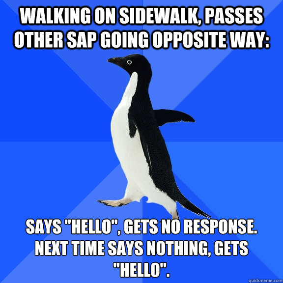 Walking on sidewalk, passes other SAP going opposite way: Says 