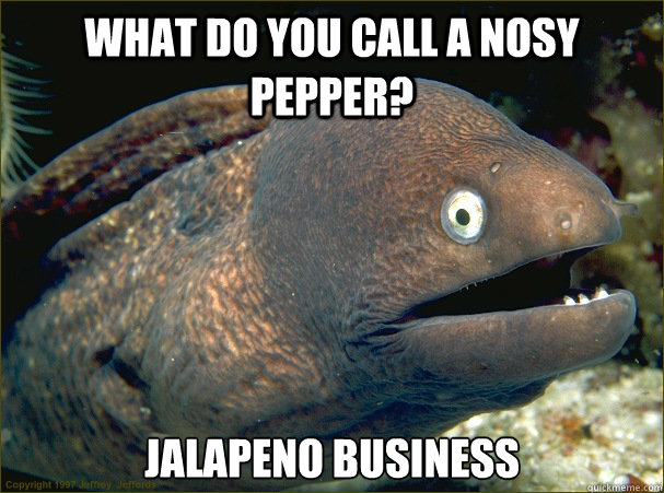 What do you call a nosy pepper? jalapeno business  Bad Joke Eel