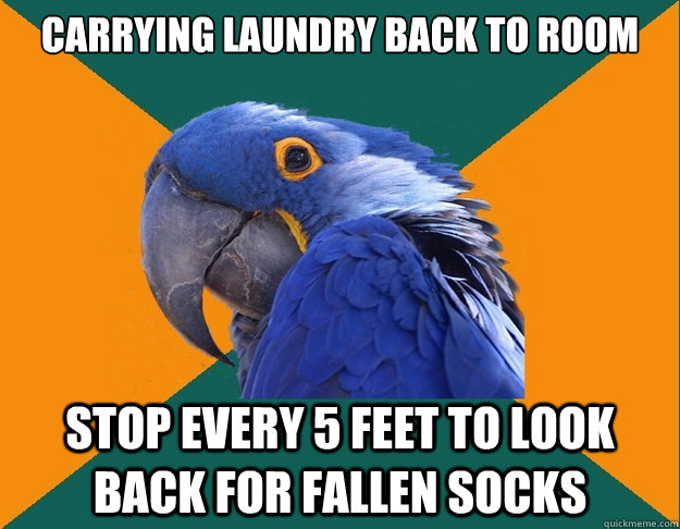 carrying laundry back to room stop every 5 feet to look back for fallen socks  Paranoid parrot flat tire
