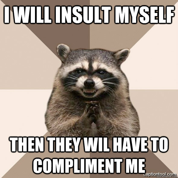 I WILL INSULT MYSELF THEN THEY WIL HAVE TO COMPLIMENT ME - I WILL INSULT MYSELF THEN THEY WIL HAVE TO COMPLIMENT ME  DLI scheming raccoons