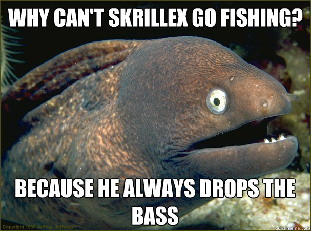 why can't skrillex go fishing? because he always drops the bass - why can't skrillex go fishing? because he always drops the bass  Bad Joke Eel