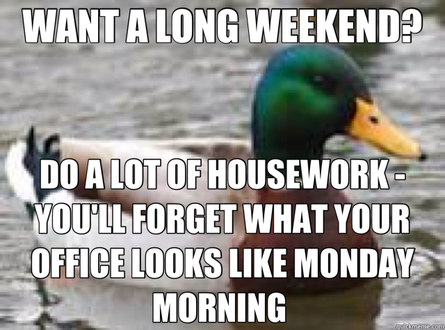 WANT A LONG WEEKEND? DO A LOT OF HOUSEWORK - YOU'LL FORGET WHAT YOUR OFFICE LOOKS LIKE MONDAY MORNING  - WANT A LONG WEEKEND? DO A LOT OF HOUSEWORK - YOU'LL FORGET WHAT YOUR OFFICE LOOKS LIKE MONDAY MORNING   duck