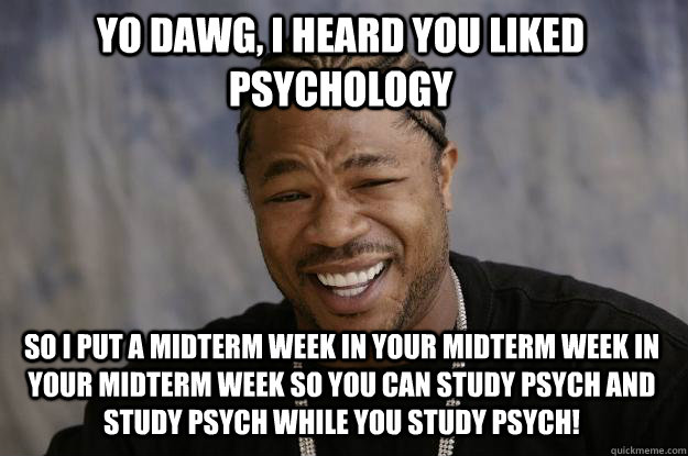 YO DAWG, I heard you liked psychology so I put a midterm week in your midterm week in your midterm week so you can study psych and study psych while you study psych! - YO DAWG, I heard you liked psychology so I put a midterm week in your midterm week in your midterm week so you can study psych and study psych while you study psych!  Xzibit meme