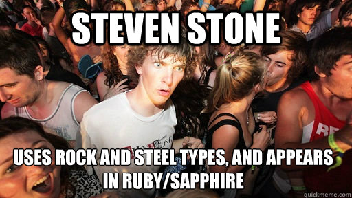 sTEVEN sTONE USES ROCK AND STEEL TYPES, AND APPEARS IN RUBY/SAPPHIRE  Sudden Clarity Clarence