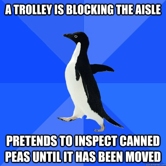 a trolley is blocking the aisle pretends to inspect canned peas until it has been moved  Socially Awkward Penguin