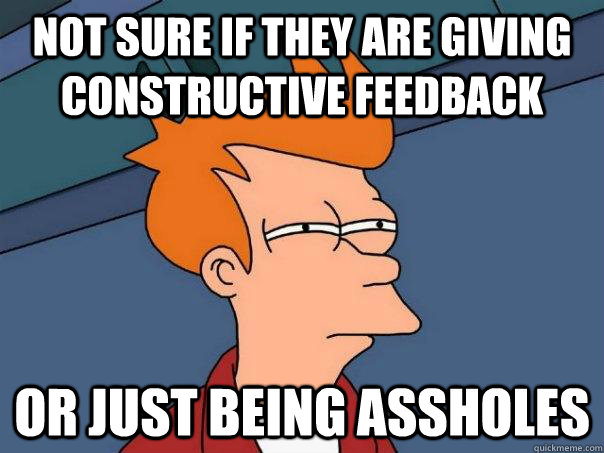 Not sure if they are giving constructive feedback Or just being assholes  Futurama Fry