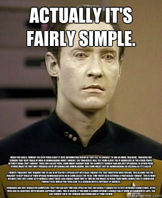 Actually It's fairly simple.
 When you load a torrent file into your client it uses information inside of that file to connect to one or more trackers. Trackers are servers that keep track of who is downloading what torrent. The tracker(s) will tell your  - Actually It's fairly simple.
 When you load a torrent file into your client it uses information inside of that file to connect to one or more trackers. Trackers are servers that keep track of who is downloading what torrent. The tracker(s) will tell your   Doesnt Get it Data
