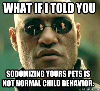 what if i told you Sodomizing yours pets is not normal child behavior.  Matrix Morpheus