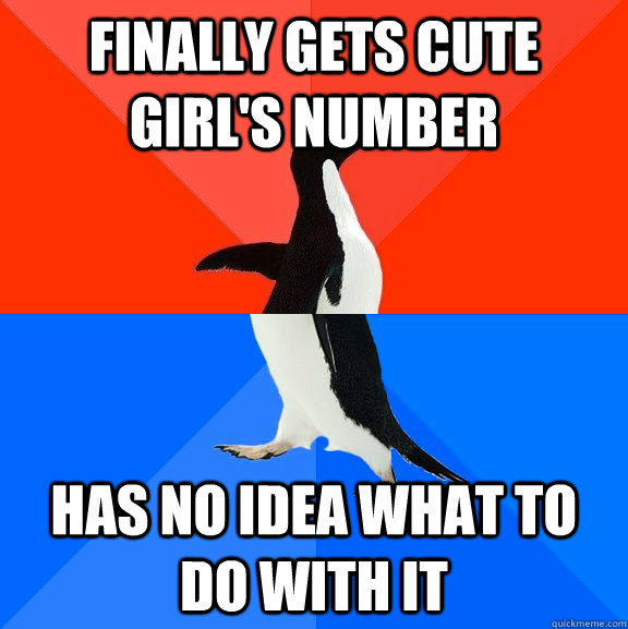 Finally gets cute girl's number Has no idea what to do with it  socially awkward penguin socially awesome penguin