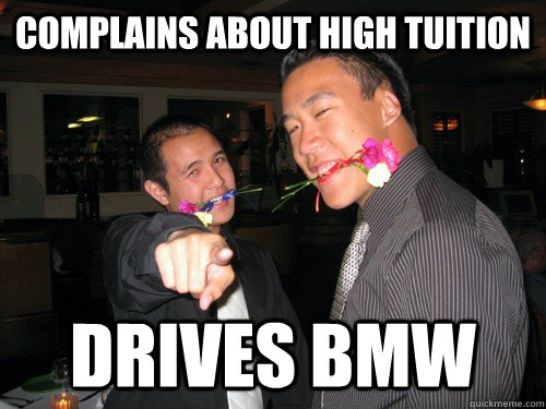 Complains about high tuition drives bmw  Rich asian exchange student