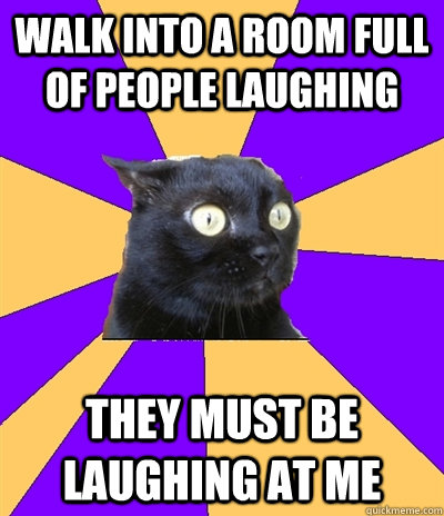 Walk into a room full of people laughing THEY MUST BE LAUGHING AT ME  Anxiety Cat