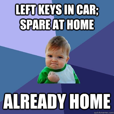 left keys in car; spare at home already home  Success Kid