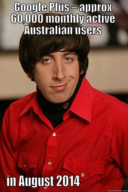 Google Plus Australia - GOOGLE PLUS – APPROX 60,000 MONTHLY ACTIVE AUSTRALIAN USERS IN AUGUST 2014                   Pickup Line Scientist