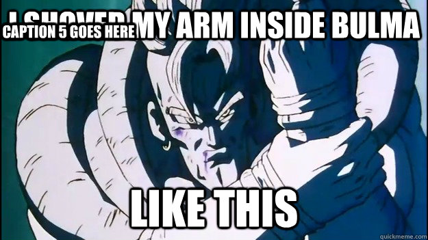 I shoved my arm inside bulma like this  Caption 3 goes here Caption 4 goes here Caption 5 goes here  Dragon Ball Meme - Android 16 fist