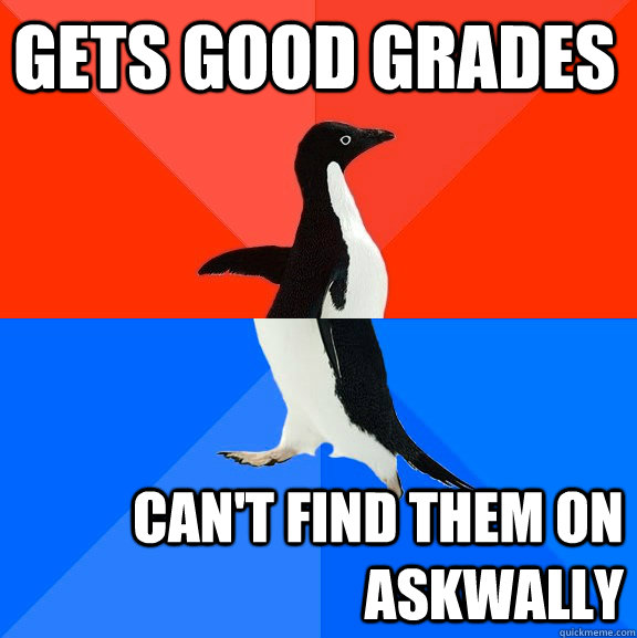 Gets good grades Can't find them on askwally  Socially Awesome Awkward Penguin